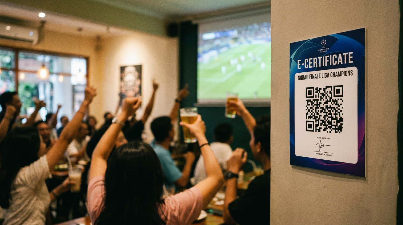 E-certificate ber-QR terpajang di dinding venue saat nobar